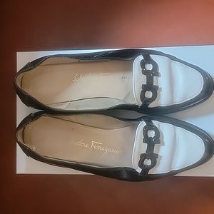 Salvatore Ferragamo Boutique black and white patent leater loafers